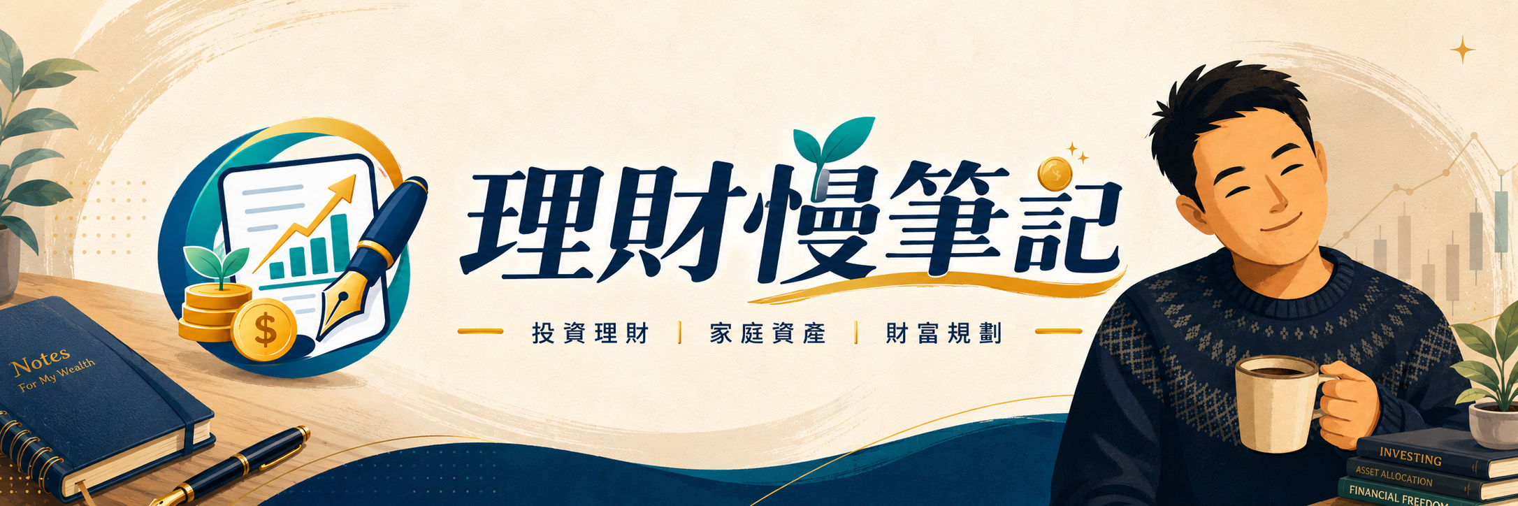 理財慢筆記品牌橫幅：慢叔拿著咖啡，陪您聊投資理財、家庭資產與財富規劃